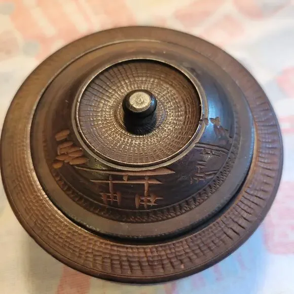 Vintage Wooden Japanese Rice Bowl and Lid 4 round 3 Tall Torii Gate Mount Fuji